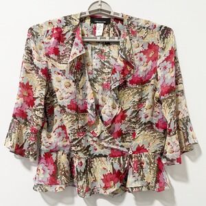 Jones New York Silk Blouse Women 16 Pink Floral Ruffle Wrap Top Casual Boho